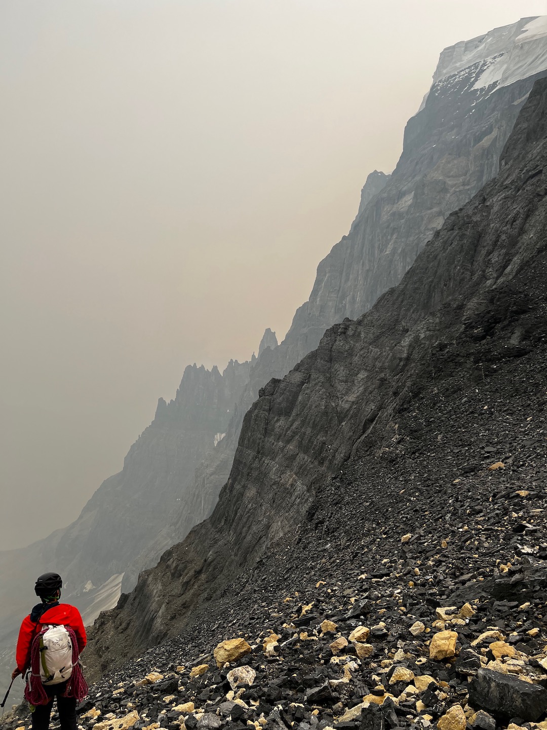Nick Baggaley looking back at the east ridge from the descent. 
