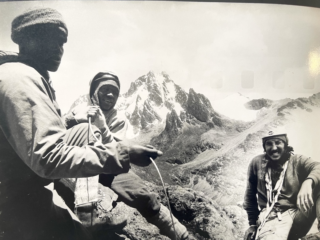 Thumbi Mathenge, John Omirah, and Phil Snyder (left to right) in front of the main peaks of the Mt. Kenya massif. 