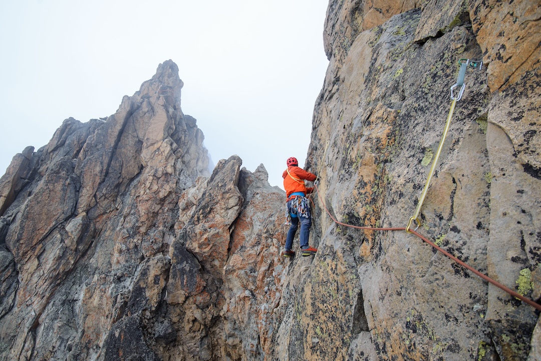 James Mixon by Shipton's Notch, nearing the summit of Batian on a recent ascent by the north face standard route.
