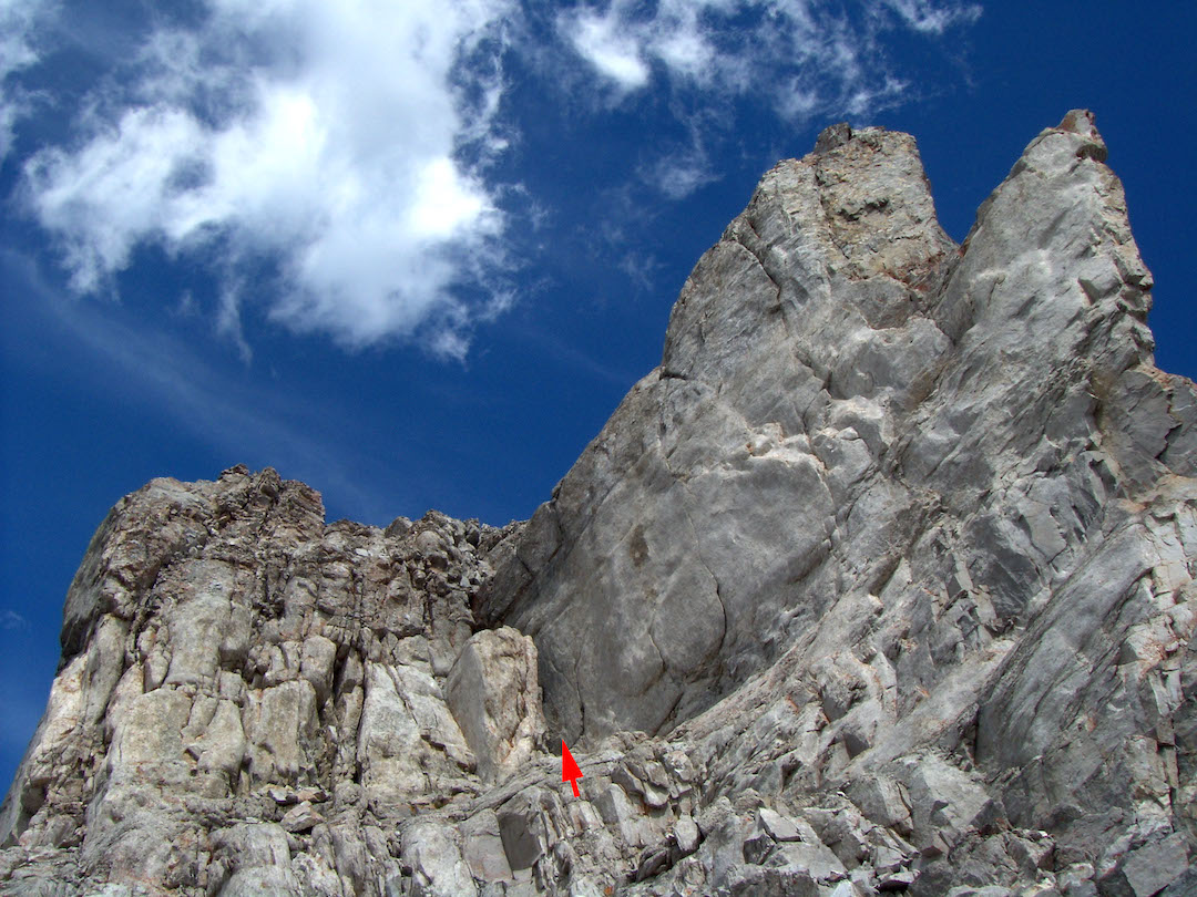 Peak 10 of the Rundle Traverse, showing the chimney where a climber fell. 