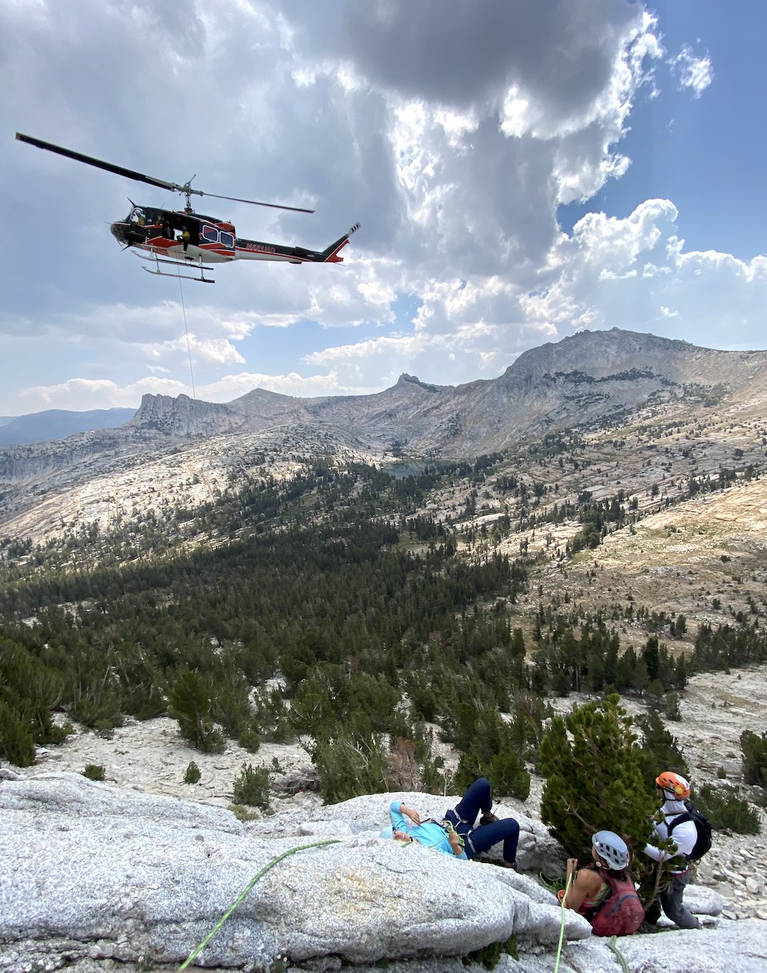 A helicopter on scene at the rescue on Cathedral Peak.