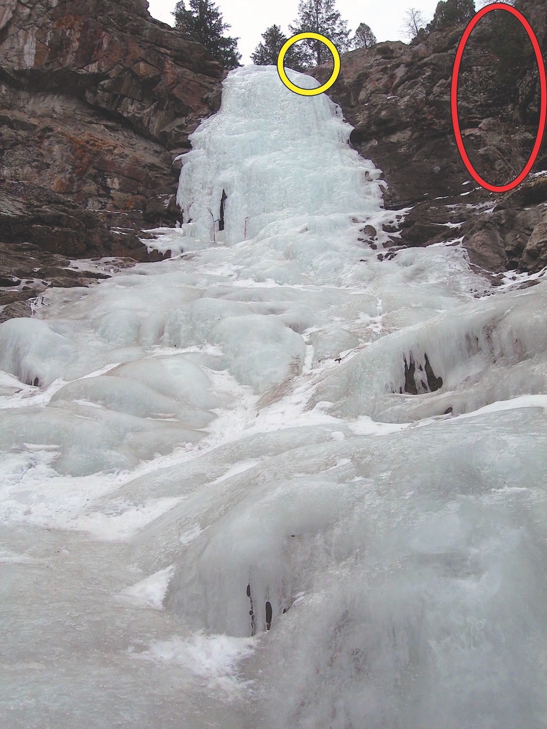 Secret Waterfall in Clear Creek Canyon has a bolted anchor (yellow circle), yet requires a 70-meter rope to safely rappel. In January, a climber fell to his death while downclimbing an adjacent gully (red oval). 