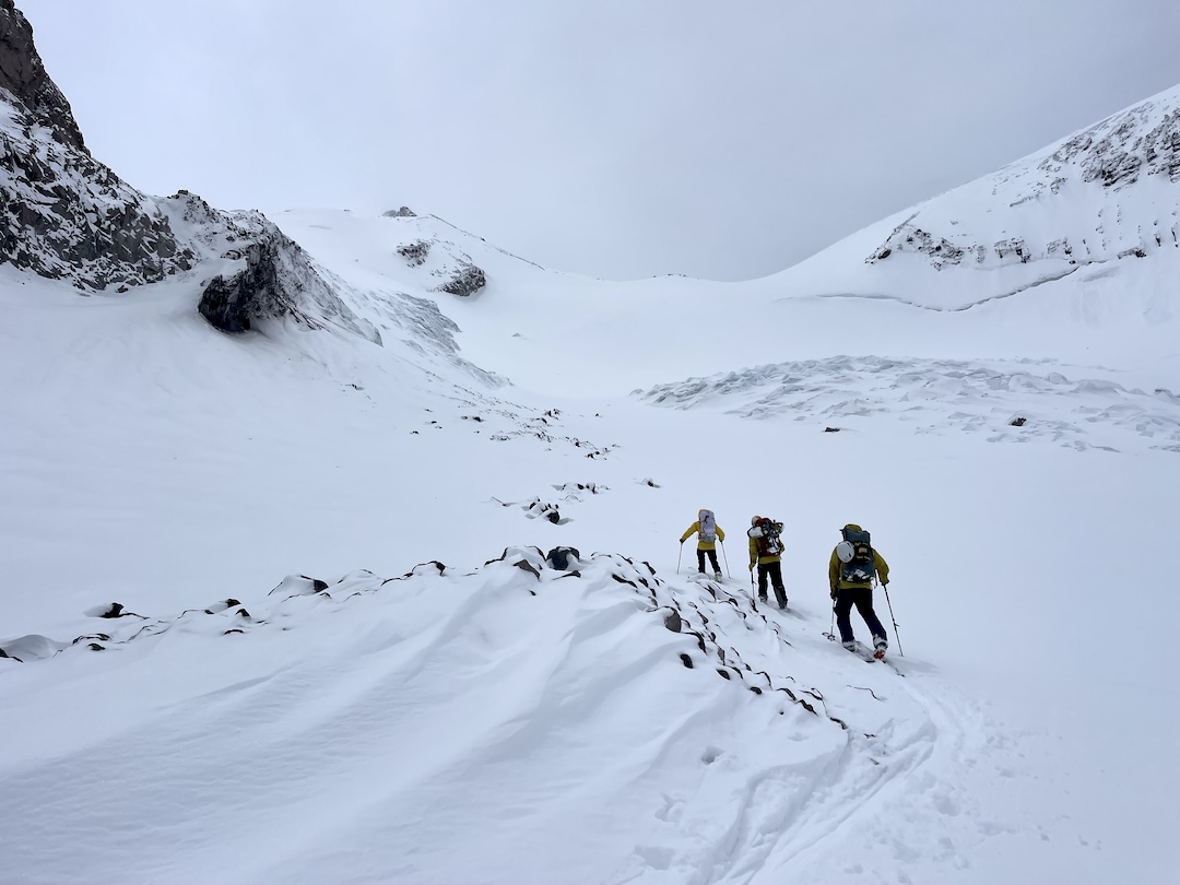 Mt. Shasta climbing rangers ski onto the Whitney Glacier to rescue a stranded climber.