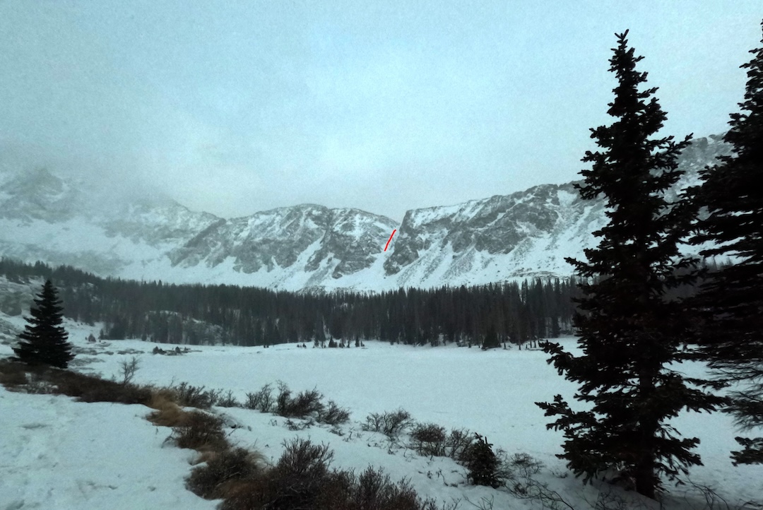 Distant view of the couloir on Little Bear Peak involved in this incident. 