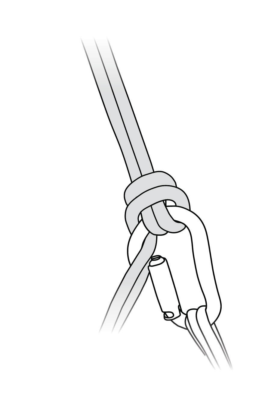
Figure A. The braking side of the rope on a Munter hitch rappel opened the locking carabiner’s gate. 