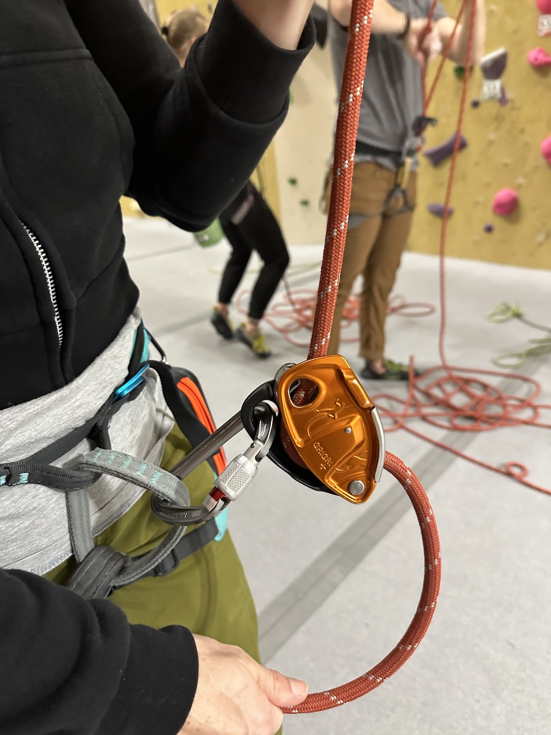 This re-creation shows an unclosed Grigri during a simulated belay. Note that the rope can remain threaded while the device is unclosed. A cursory visual assessment may not reveal that the device is open. 