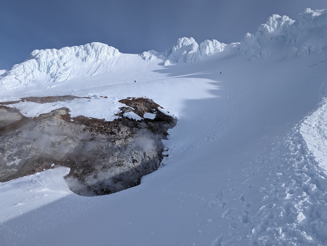 The fumarole into which a climber fell after a long slide in April 2024. 