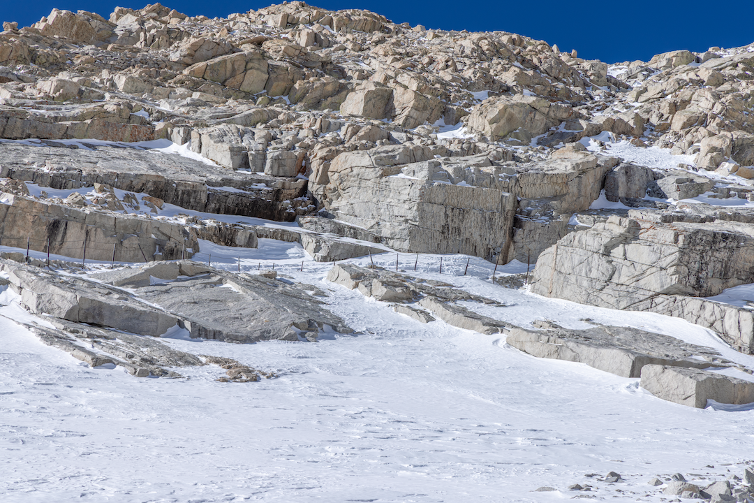 Looking up at the “Cable Section” of the 99 Switchbacks en route to The Slope to Climber’s Right Of The Switchbacks. This is a melt-freeze-induced rockfall zone. 
